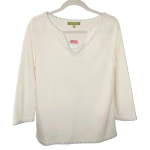 Sigrid Olsen White True Omaha Pullover Sweater Pale Blue Stitching Coastal Sz S